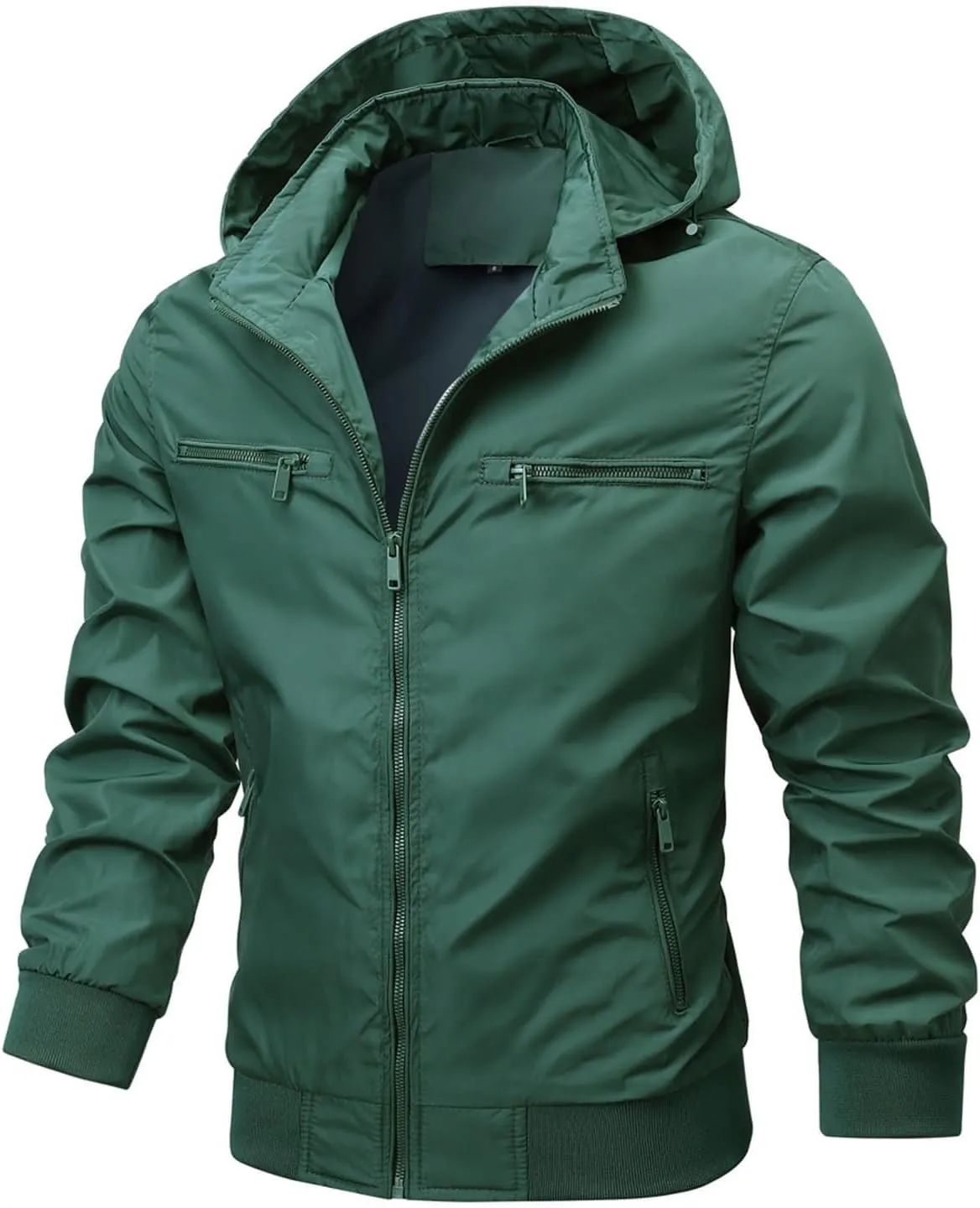 Men Windproof Warm Coat Jacket Full Zip Stand Collar Hooded Jacket Casual Fashion Solid Color Outerwear with Pocket