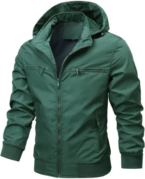 Men Windproof Warm Coat Jacket Full Zip Stand Collar Hooded Jacket Casual Fashion Solid Color Outerwear with Pocket