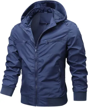 Men Windproof Warm Coat Jacket Full Zip Stand Collar Hooded Jacket Casual Fashion Solid Color Outerwear with Pocket