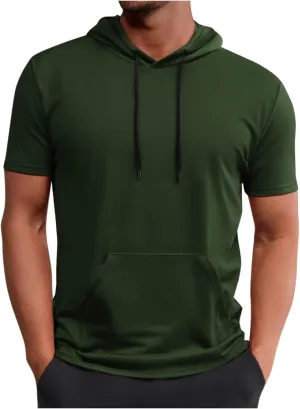 Mens Athletic Breathable Hooded Shirt Short Sleeve Workout Sport Hoodie Casual Running T-Shirt Quick Dry Pullover Top