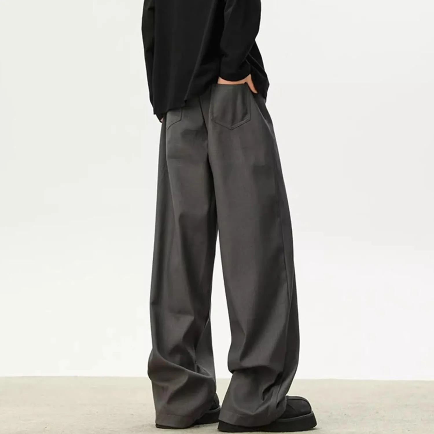 Men's Baggy Wide Leg Pants Loose Fit Business Casual Dress Pants Stylish Zipper Fly Pleated Trousers with Pocket