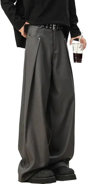Men's Baggy Wide Leg Pants Loose Fit Business Casual Dress Pants Stylish Zipper Fly Pleated Trousers with Pocket