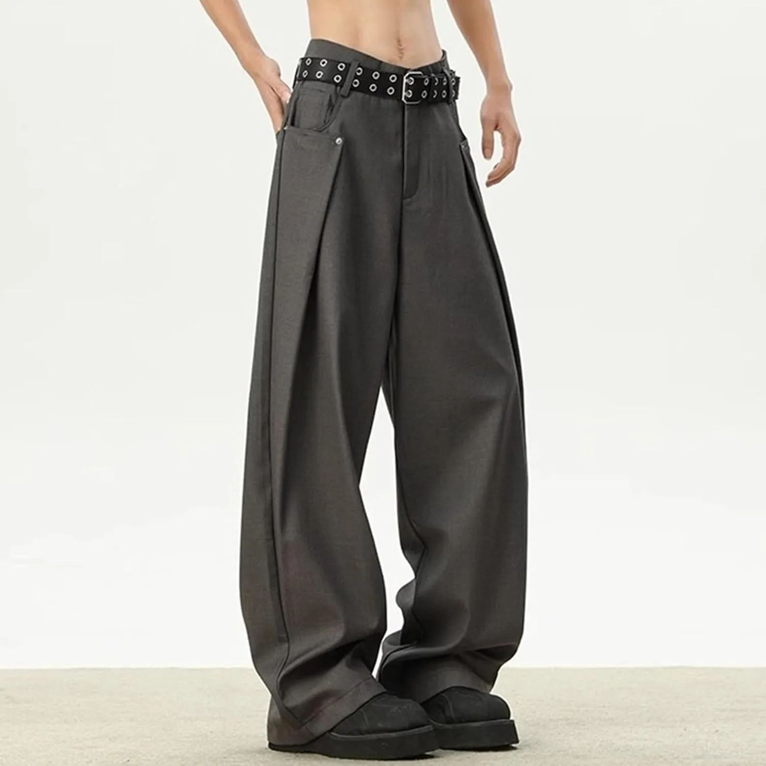 Men's Baggy Wide Leg Pants Loose Fit Business Casual Dress Pants Stylish Zipper Fly Pleated Trousers with Pocket