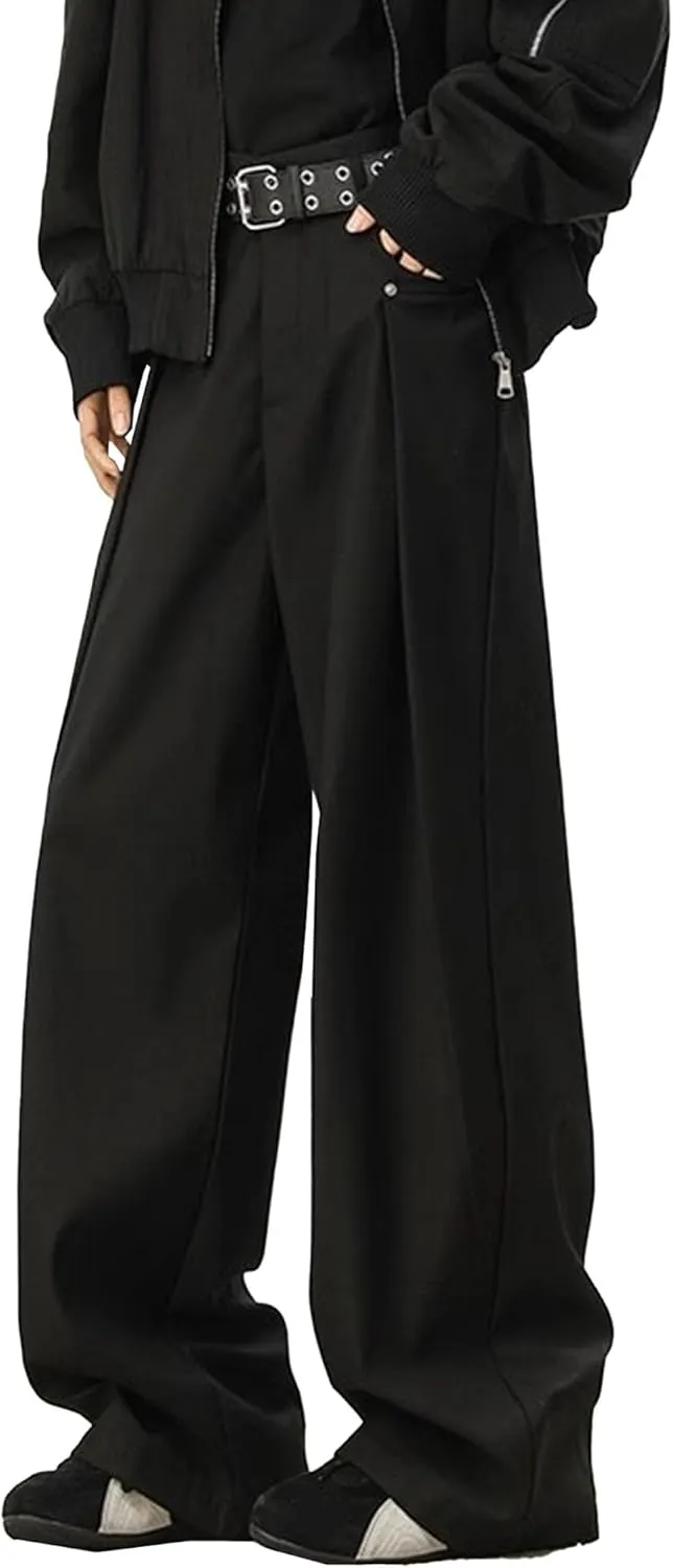 Men's Baggy Wide Leg Pants Loose Fit Business Casual Dress Pants Stylish Zipper Fly Pleated Trousers with Pocket