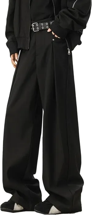 Men's Baggy Wide Leg Pants Loose Fit Business Casual Dress Pants Stylish Zipper Fly Pleated Trousers with Pocket