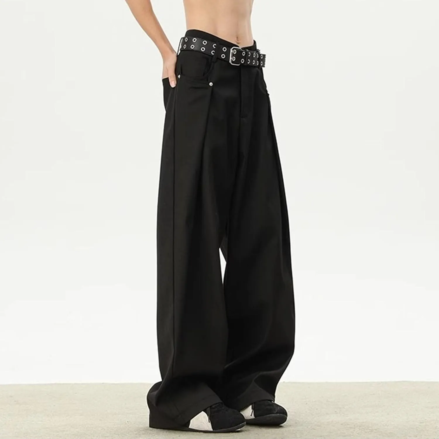 Men's Baggy Wide Leg Pants Loose Fit Business Casual Dress Pants Stylish Zipper Fly Pleated Trousers with Pocket