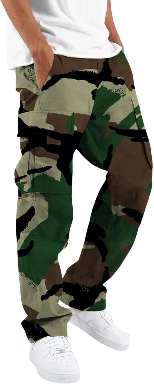 Men's Camo Cargo Pants Athletic Fit Tactical Climbing Trousers with Pockets Drawstring Elastic Waist Sweatpants