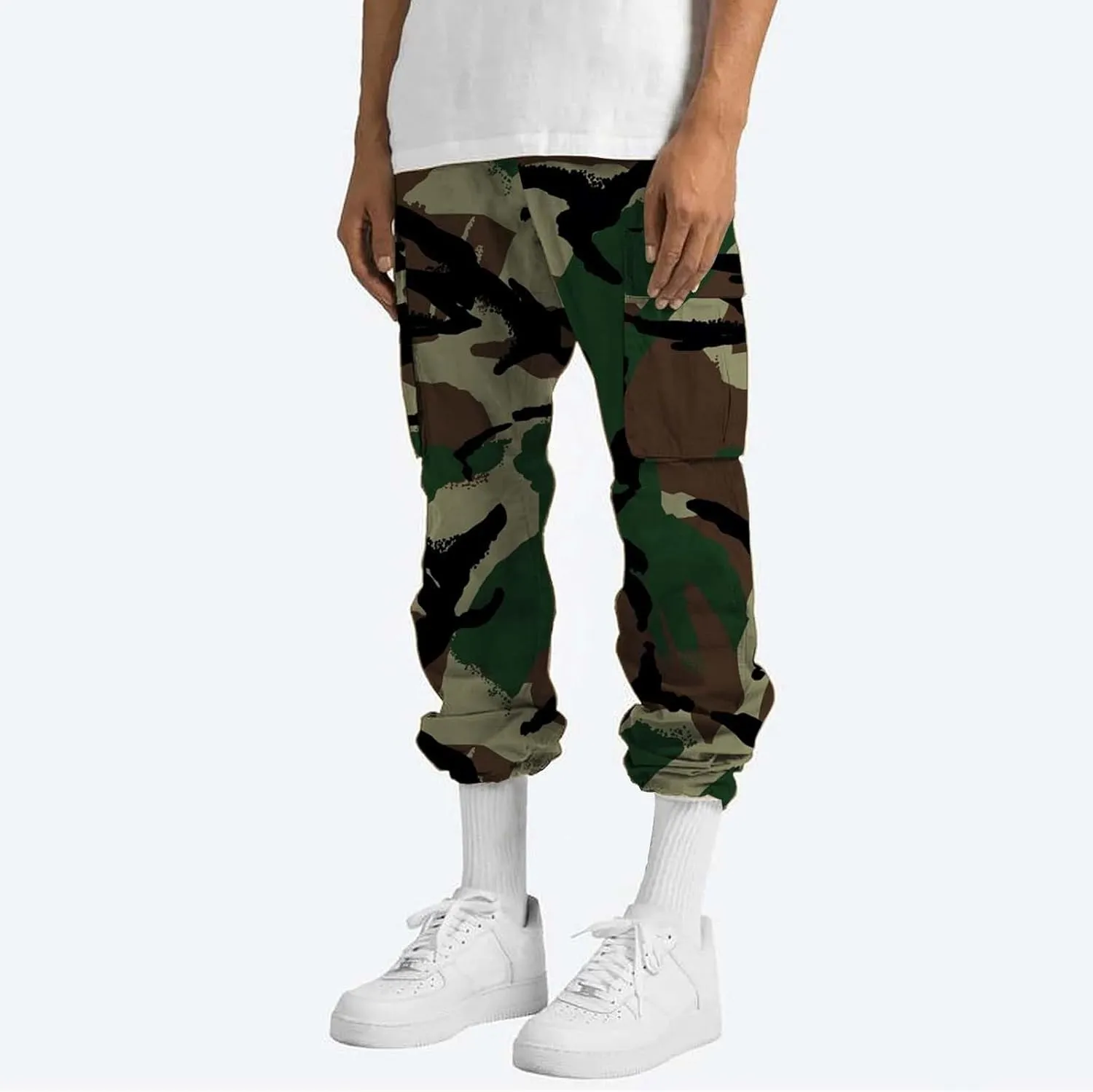 Men's Camo Cargo Pants Athletic Fit Tactical Climbing Trousers with Pockets Drawstring Elastic Waist Sweatpants