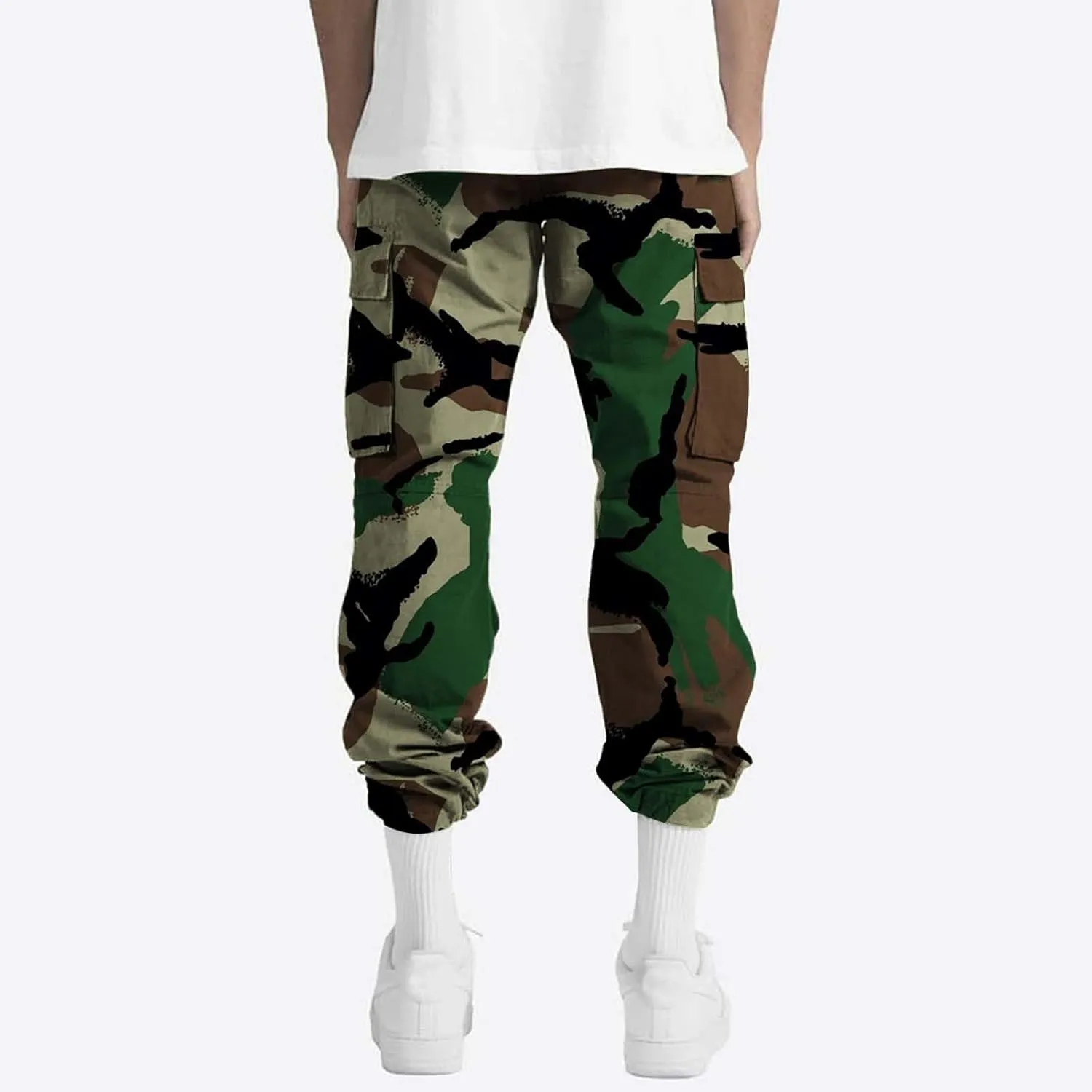 Men's Camo Cargo Pants Athletic Fit Tactical Climbing Trousers with Pockets Drawstring Elastic Waist Sweatpants