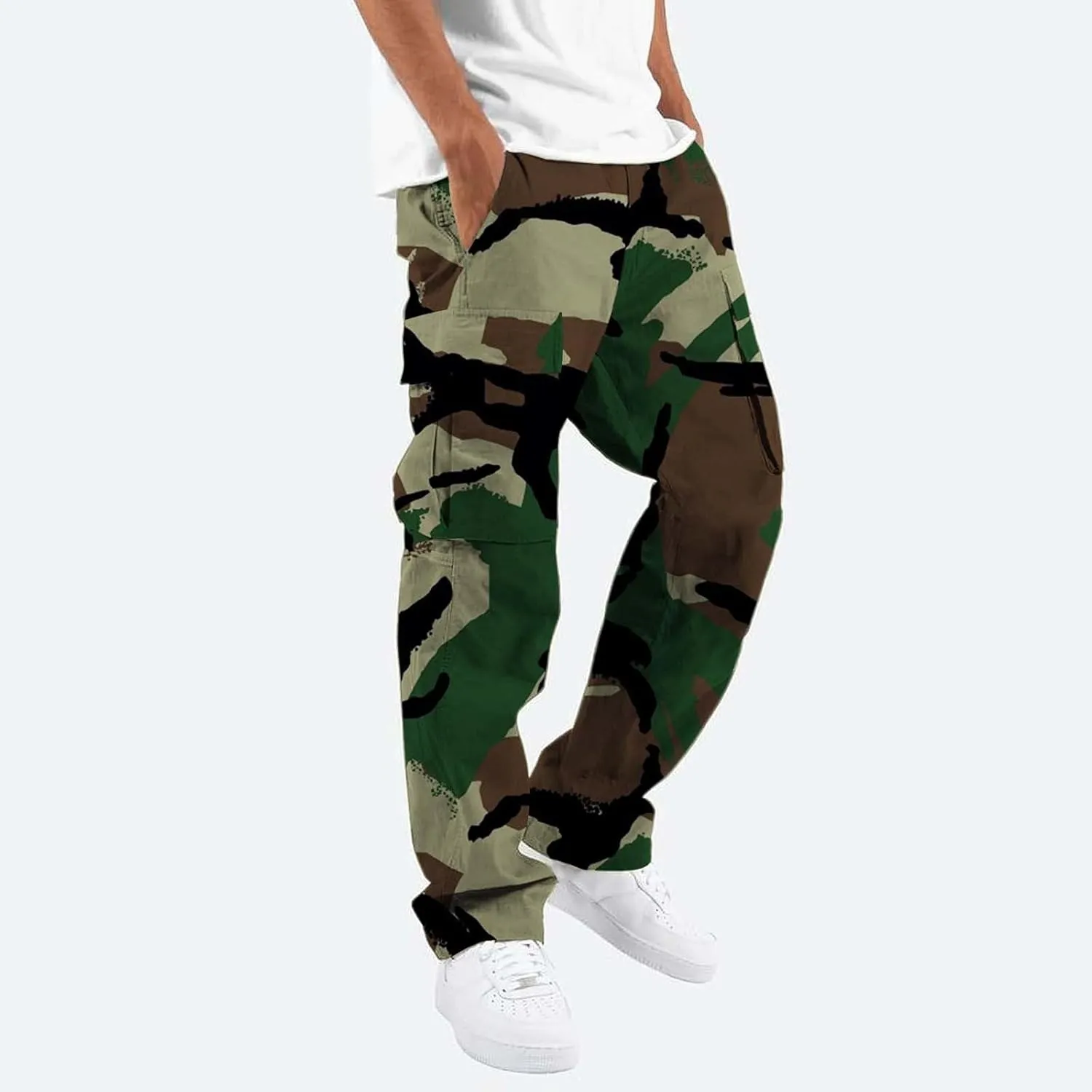Men's Camo Cargo Pants Athletic Fit Tactical Climbing Trousers with Pockets Drawstring Elastic Waist Sweatpants