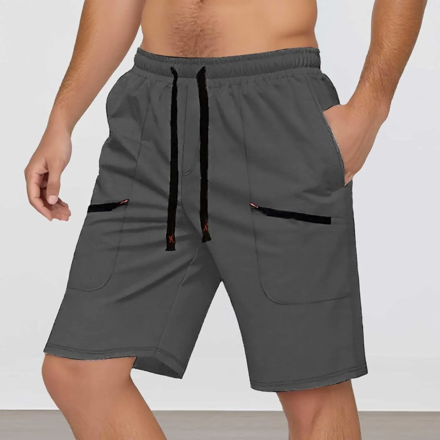 Mens Cargo Shorts Casual Mid Waist Cargo Pants Solid Drawstring Breathable Lightweight Loose Shorts with Pockets