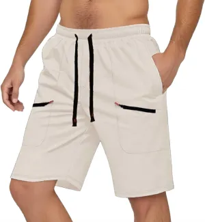 Mens Cargo Shorts Casual Mid Waist Cargo Pants Solid Drawstring Breathable Lightweight Loose Shorts with Pockets