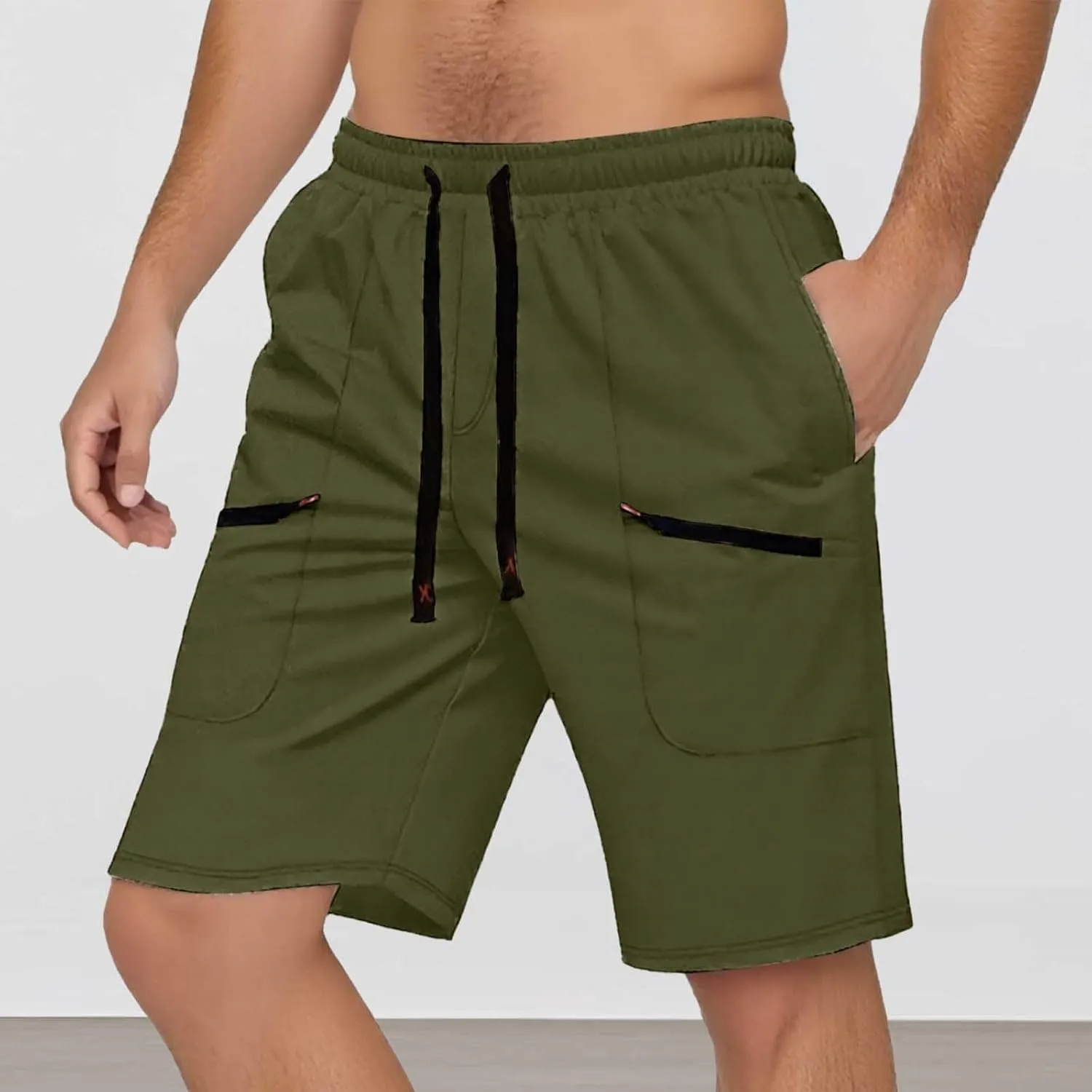 Mens Cargo Shorts Casual Mid Waist Cargo Pants Solid Drawstring Breathable Lightweight Loose Shorts with Pockets
