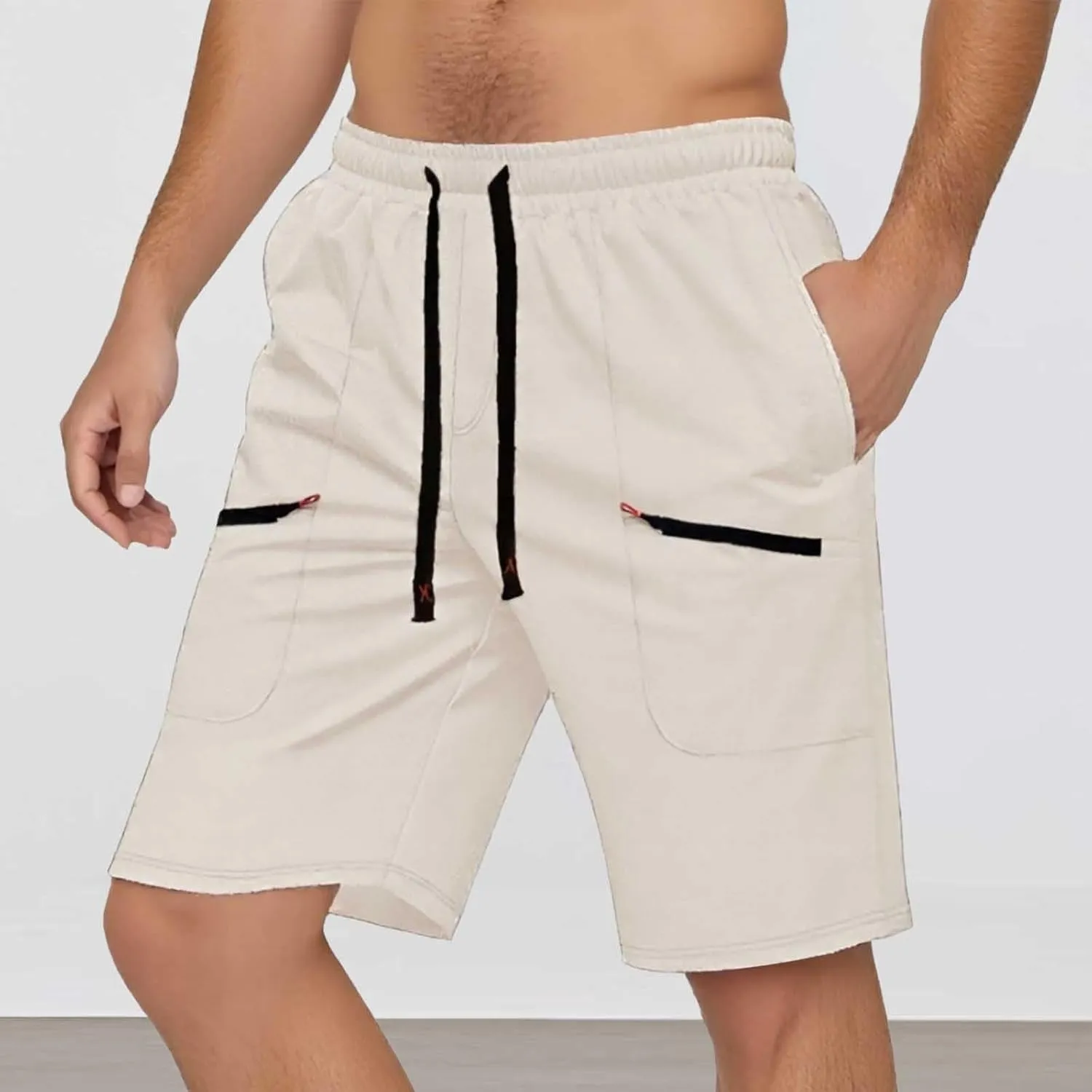 Mens Cargo Shorts Casual Mid Waist Cargo Pants Solid Drawstring Breathable Lightweight Loose Shorts with Pockets