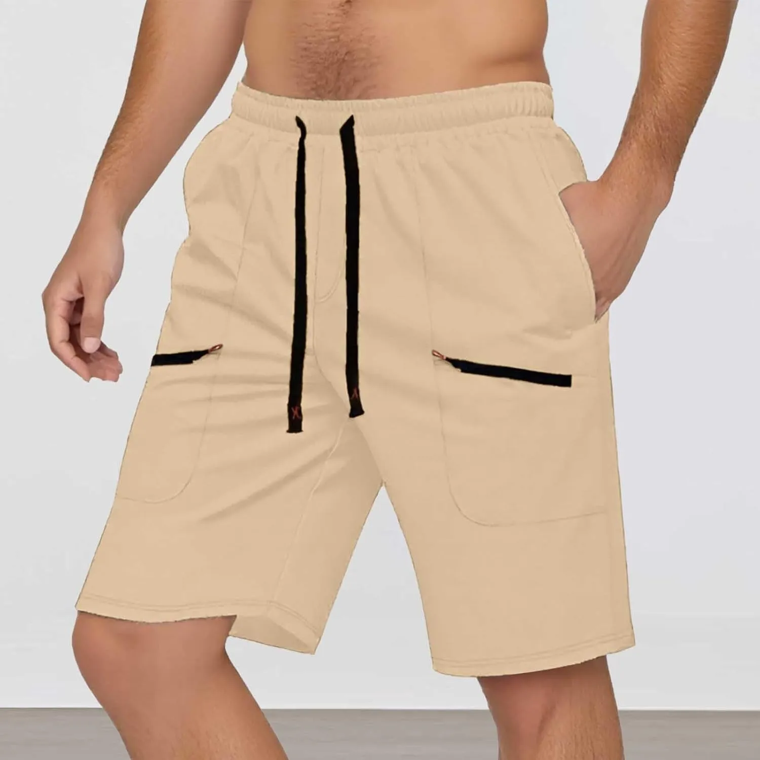 Mens Cargo Shorts Casual Mid Waist Cargo Pants Solid Drawstring Breathable Lightweight Loose Shorts with Pockets