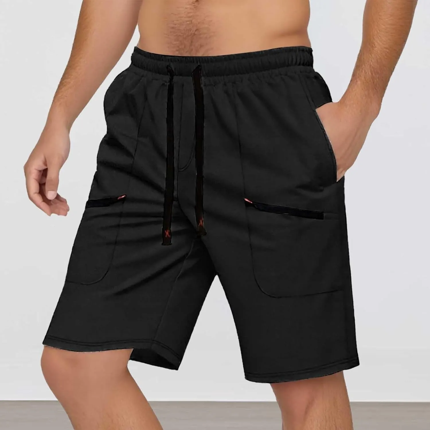 Mens Cargo Shorts Casual Mid Waist Cargo Pants Solid Drawstring Breathable Lightweight Loose Shorts with Pockets