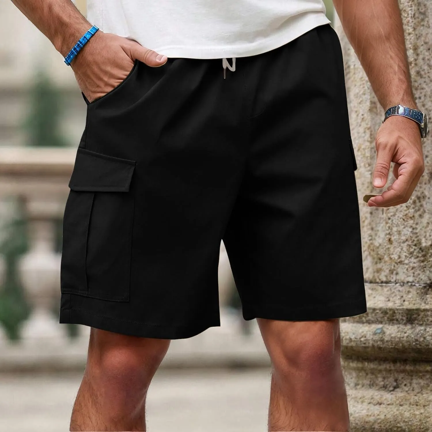 Mens Cargo Shorts Casual Mid Waist Cargo Pants Solid Splice Drawstring Fashion Lightweight Loose Shorts with Pockets