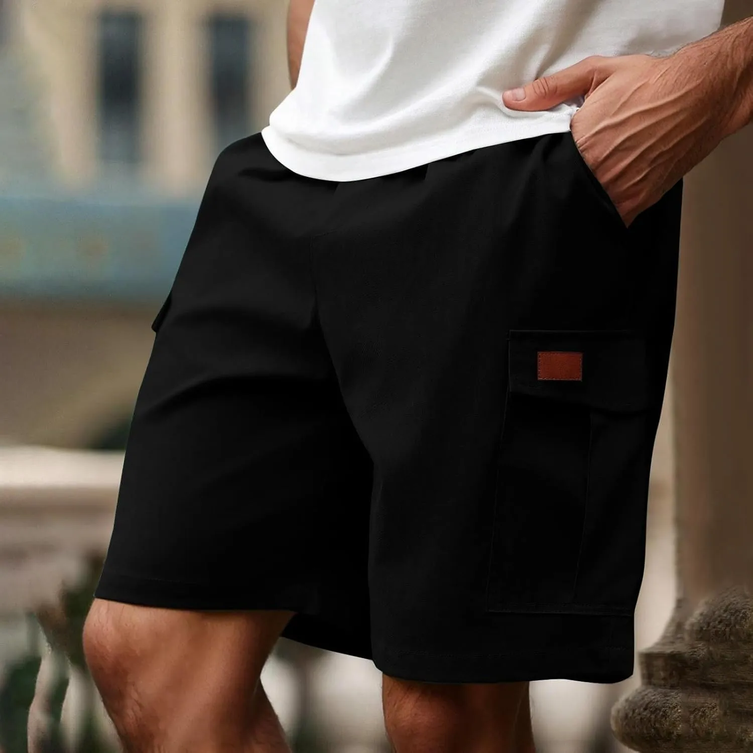 Mens Cargo Shorts Casual Mid Waist Cargo Pants Solid Splice Drawstring Fashion Lightweight Loose Shorts with Pockets