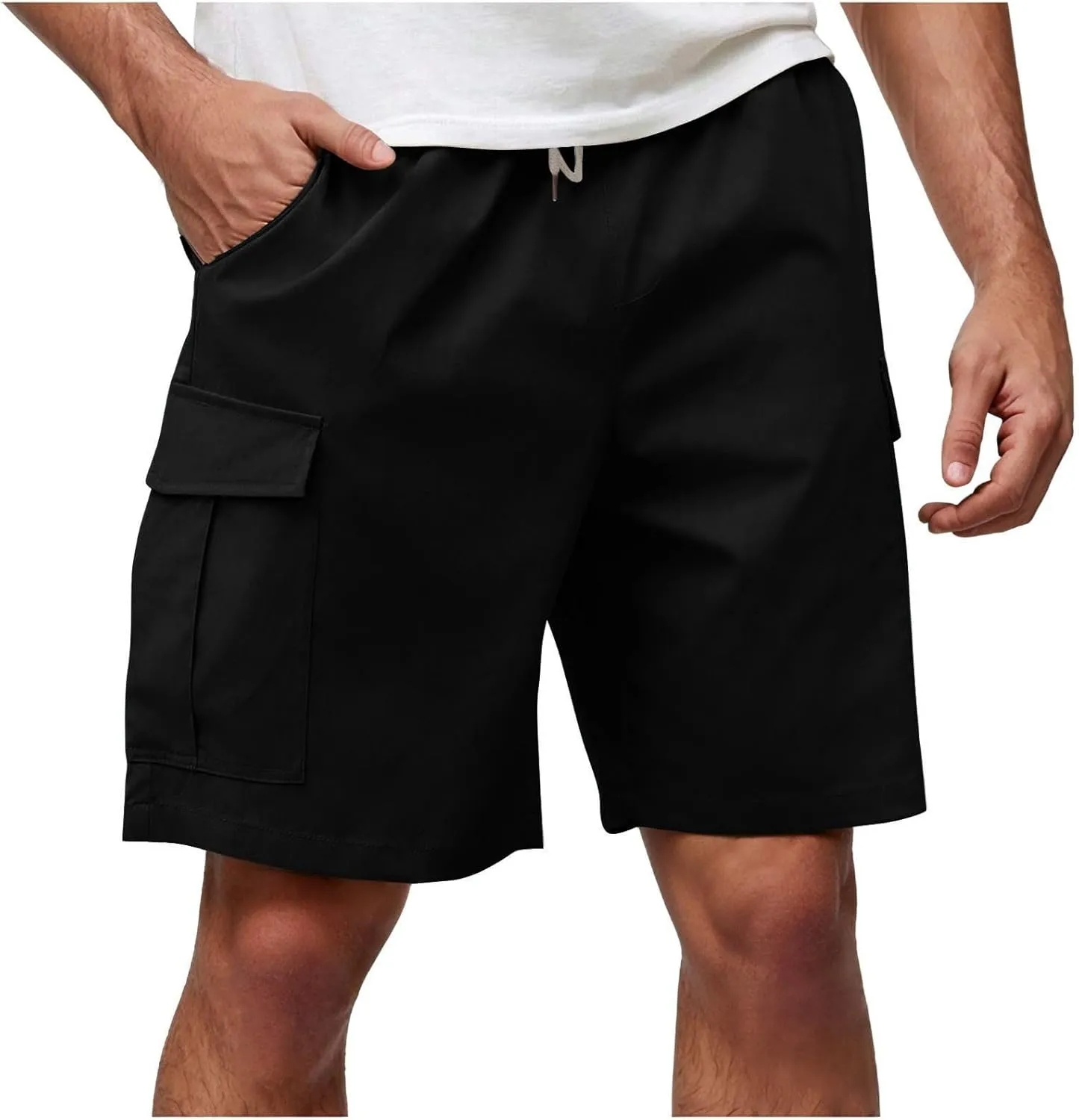 Mens Cargo Shorts Casual Mid Waist Cargo Pants Solid Splice Drawstring Fashion Lightweight Loose Shorts with Pockets