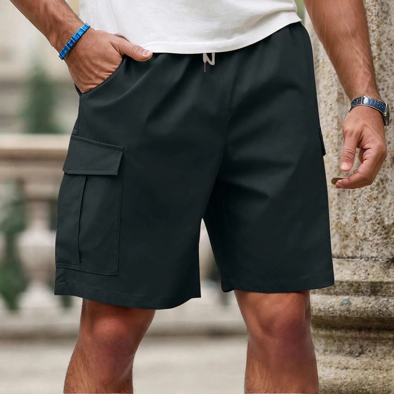 Mens Cargo Shorts Casual Mid Waist Cargo Pants Solid Splice Drawstring Fashion Lightweight Loose Shorts with Pockets
