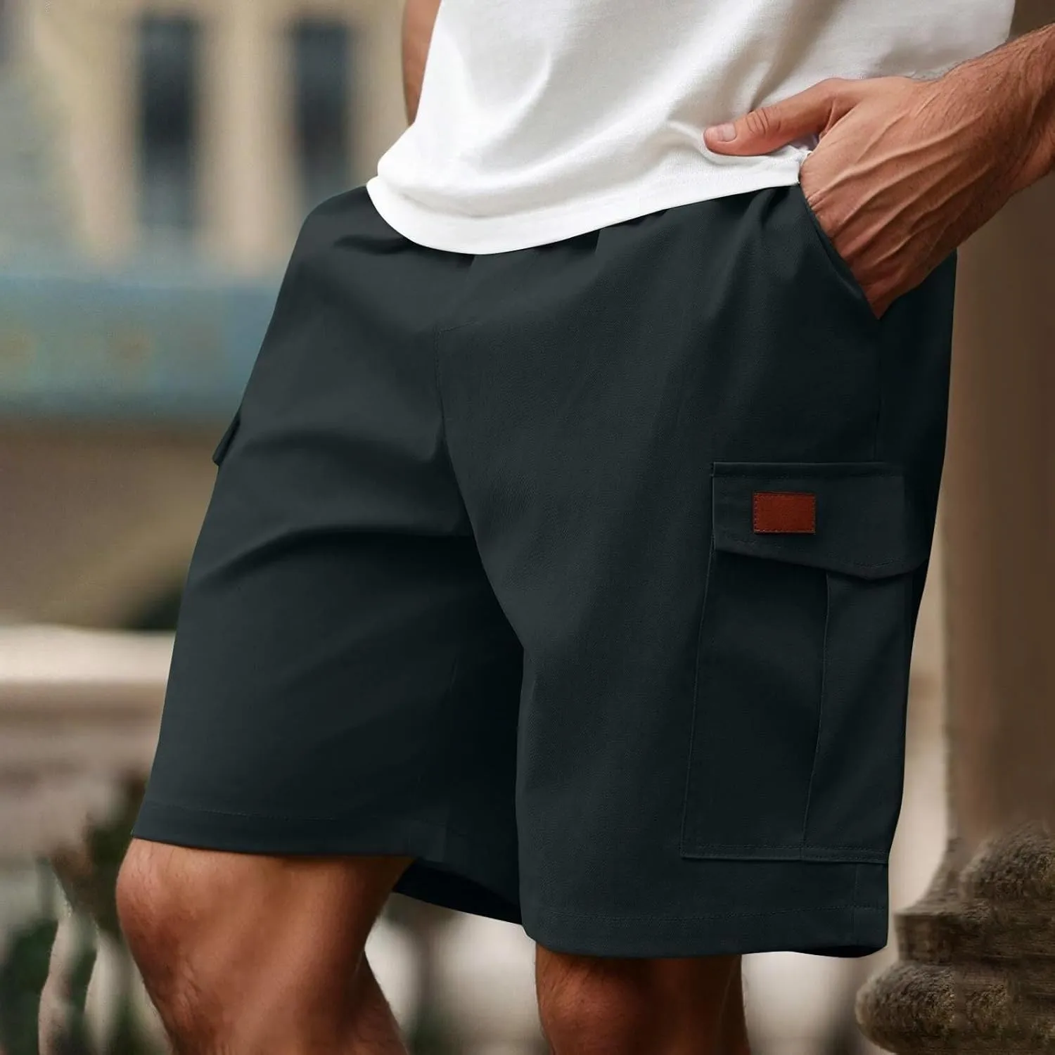 Mens Cargo Shorts Casual Mid Waist Cargo Pants Solid Splice Drawstring Fashion Lightweight Loose Shorts with Pockets