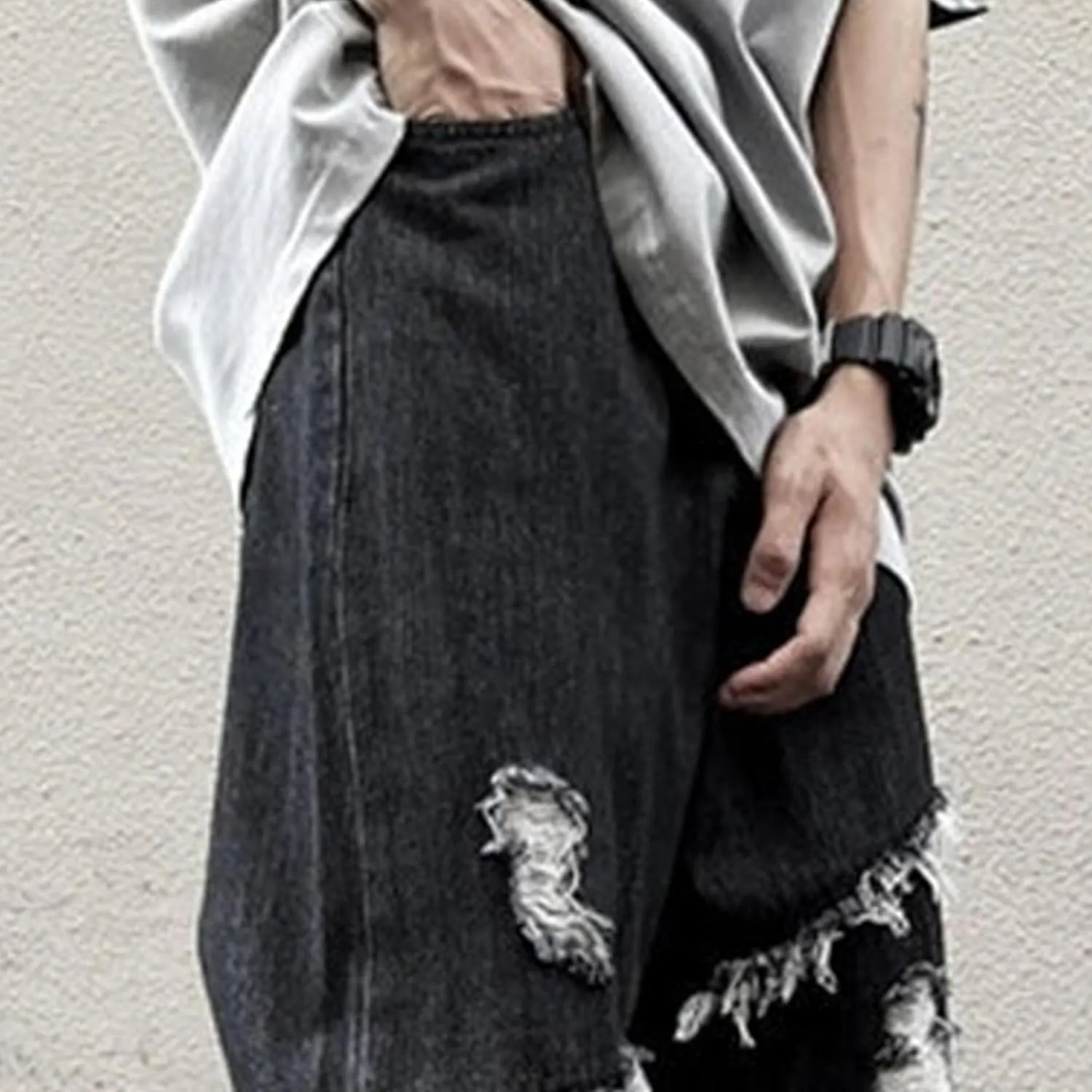 Men's Casual Baggy Hip Hop Jeans Ripped Distressed Loose Fit Denim Pants Vintage Wide Leg Jean Trousers Streetwear