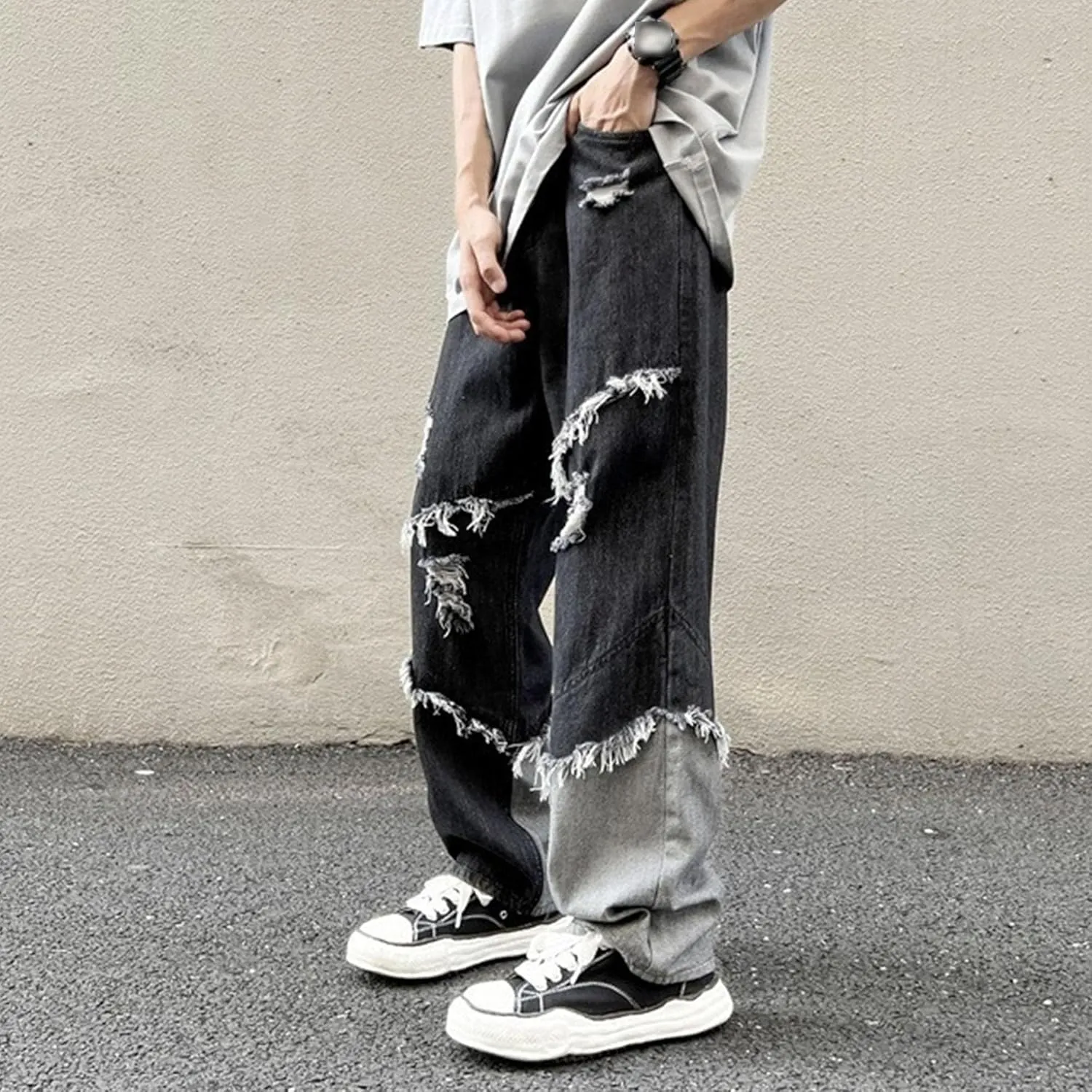 Men's Casual Baggy Hip Hop Jeans Ripped Distressed Loose Fit Denim Pants Vintage Wide Leg Jean Trousers Streetwear