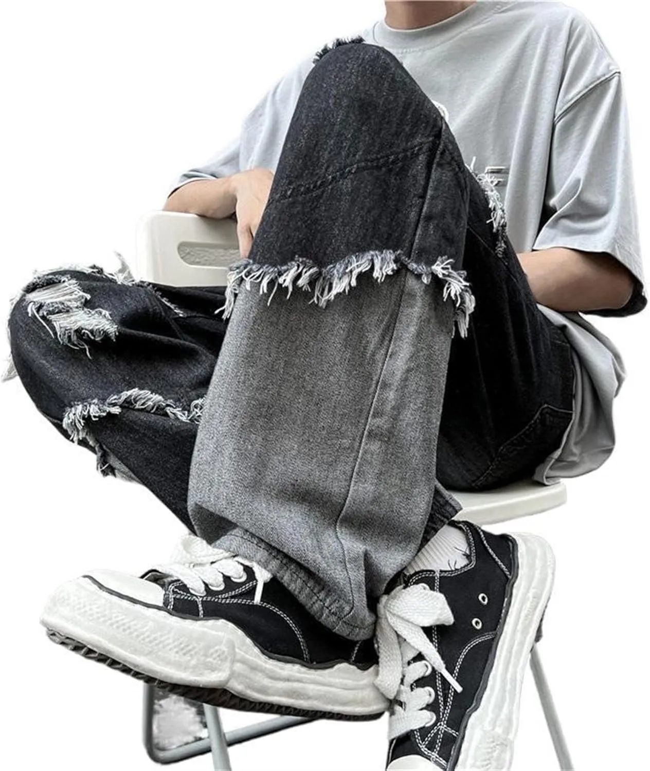 Men's Casual Baggy Hip Hop Jeans Ripped Distressed Loose Fit Denim Pants Vintage Wide Leg Jean Trousers Streetwear