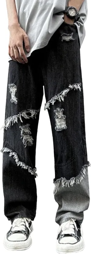 Men's Casual Baggy Hip Hop Jeans Ripped Distressed Loose Fit Denim Pants Vintage Wide Leg Jean Trousers Streetwear