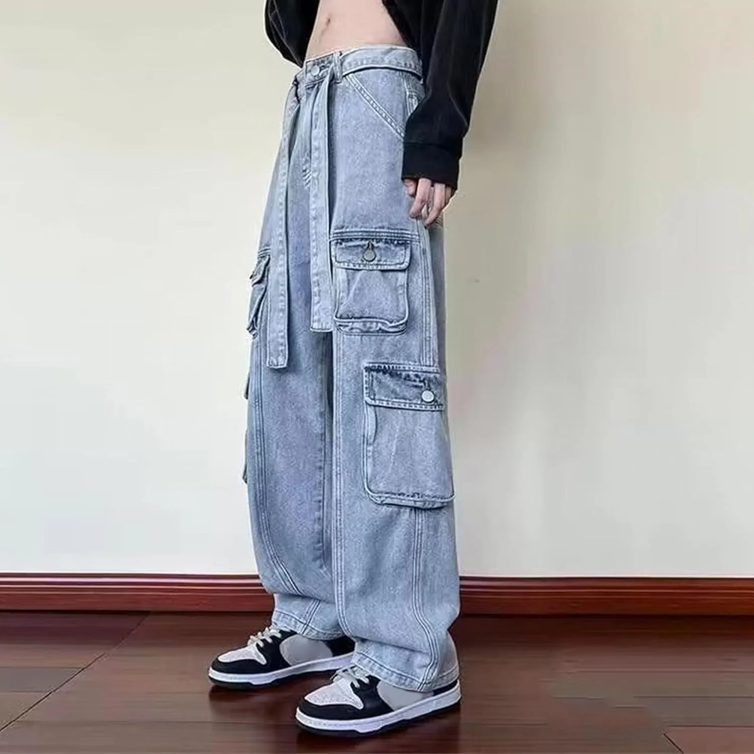 Men's Casual Loose Cargo Jeans Streetwear Straight Wide Leg Hip Hop Denim Pants Baggy Jean Trousers with Pockets