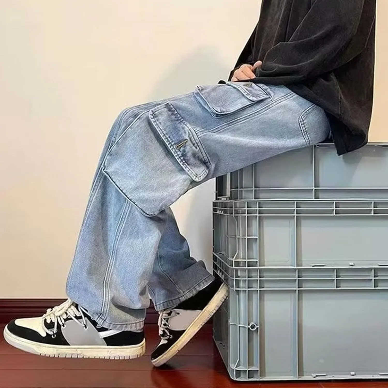 Men's Casual Loose Cargo Jeans Streetwear Straight Wide Leg Hip Hop Denim Pants Baggy Jean Trousers with Pockets