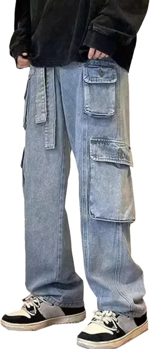 Men's Casual Loose Cargo Jeans Streetwear Straight Wide Leg Hip Hop Denim Pants Baggy Jean Trousers with Pockets
