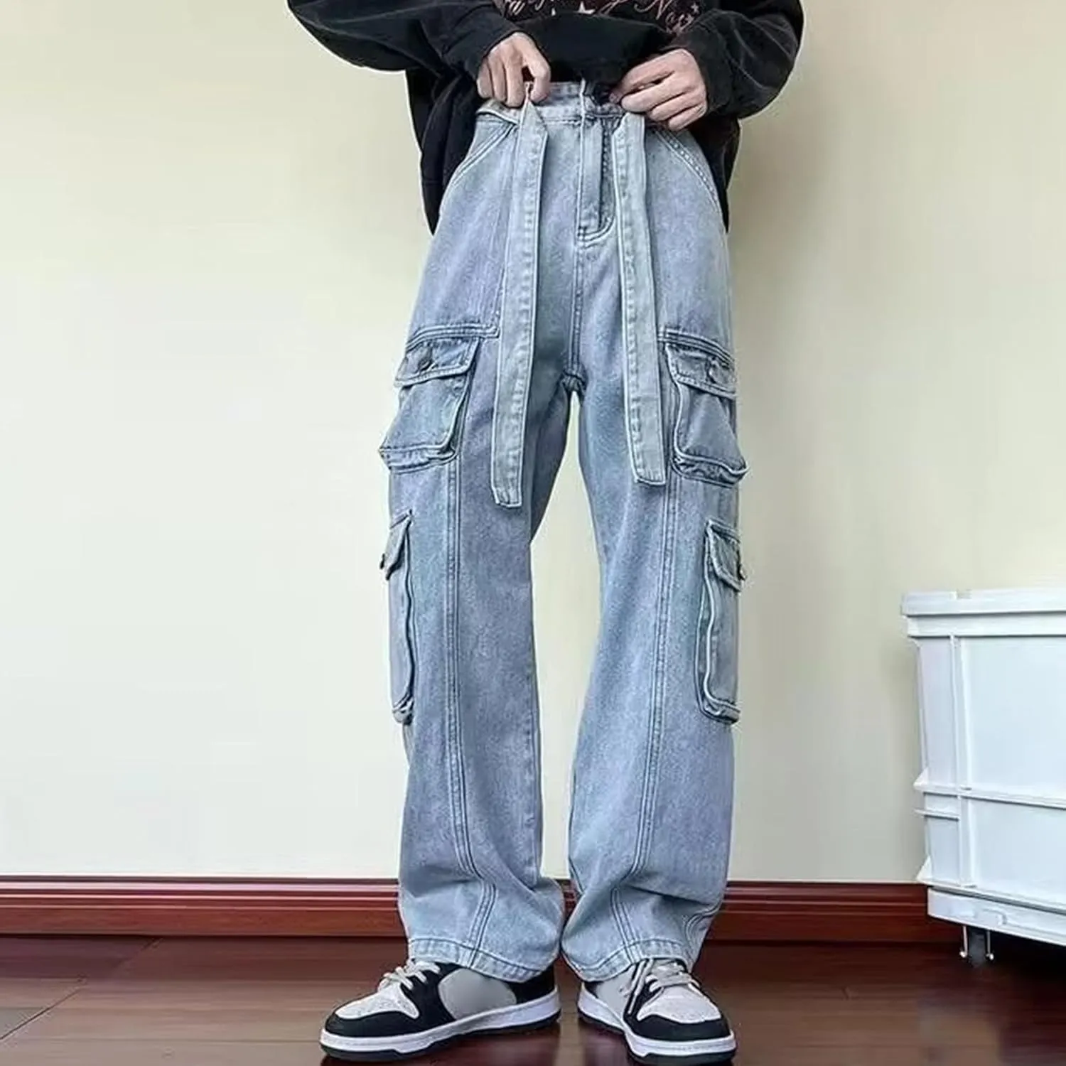 Men's Casual Loose Cargo Jeans Streetwear Straight Wide Leg Hip Hop Denim Pants Baggy Jean Trousers with Pockets