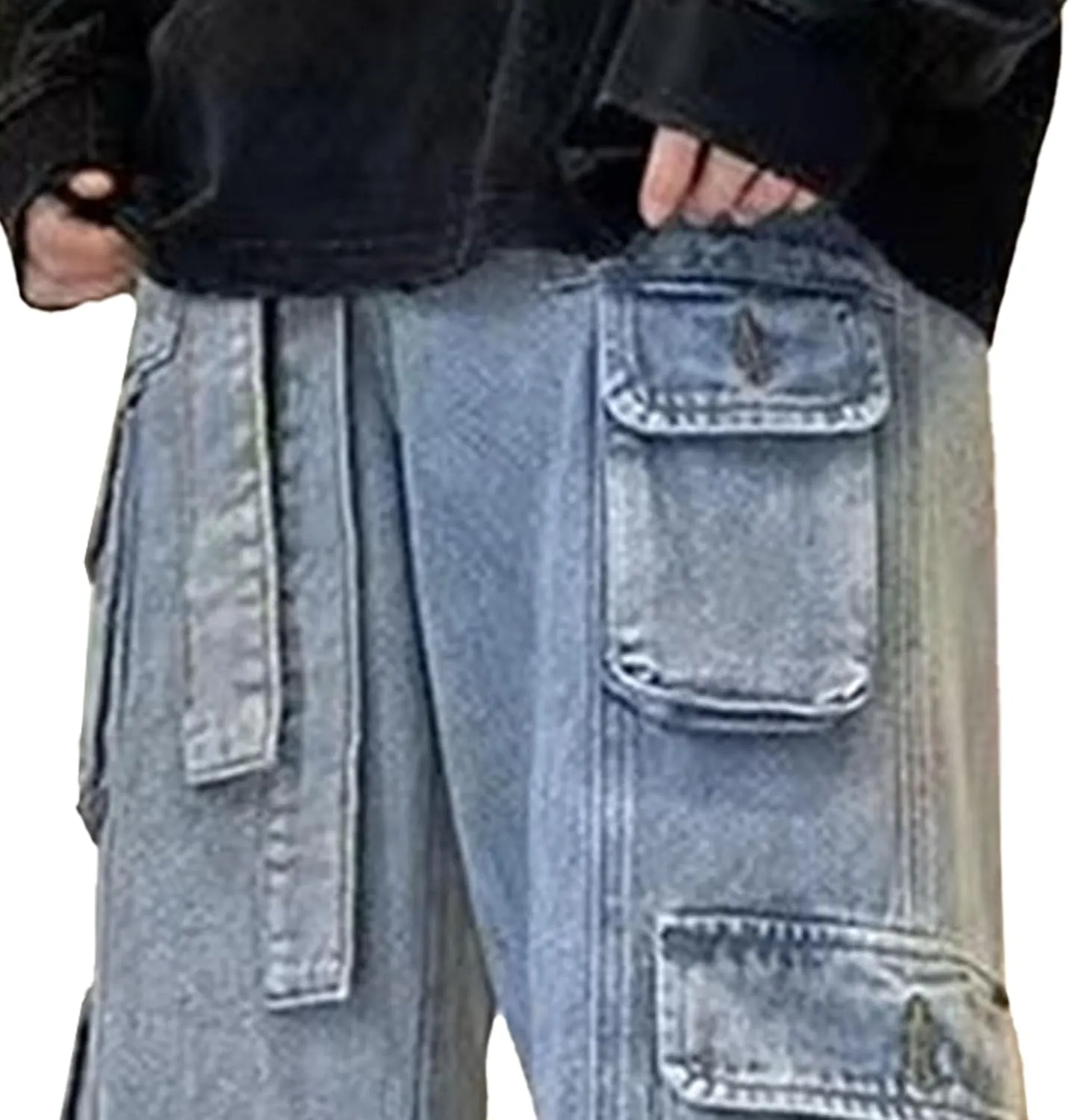 Men's Casual Loose Cargo Jeans Streetwear Straight Wide Leg Hip Hop Denim Pants Baggy Jean Trousers with Pockets