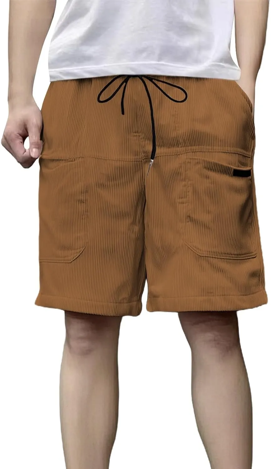 Men's Casual Shorts Cotton Texture Elastic Waist Drawstring Cargo Pants Fashion Summer Loose Shorts with Multi Pocket