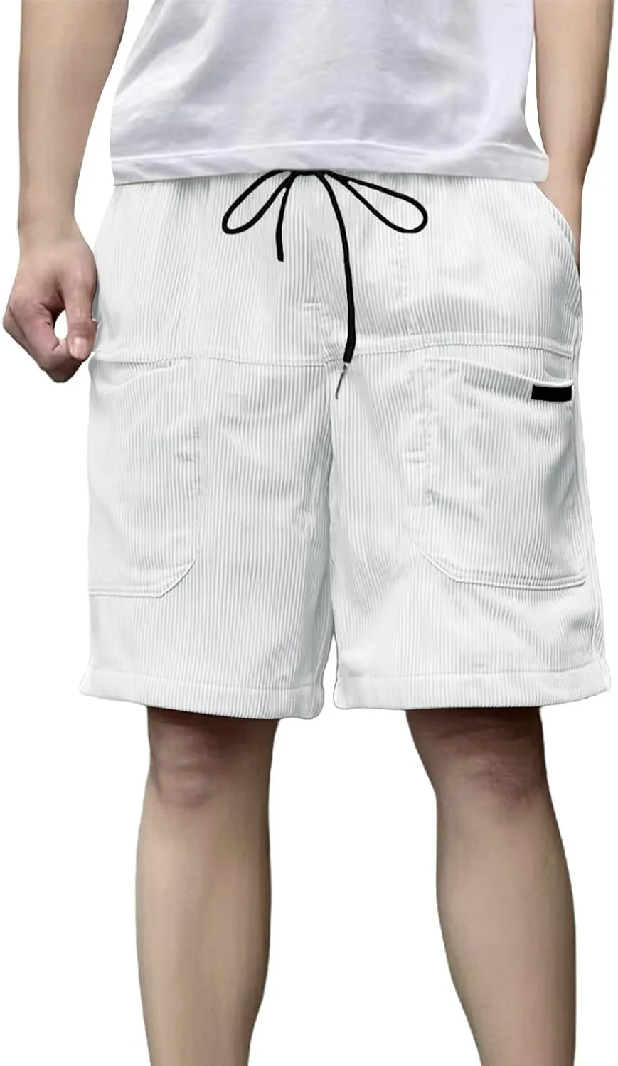 Men's Casual Shorts Cotton Texture Elastic Waist Drawstring Cargo Pants Fashion Summer Loose Shorts with Multi Pocket