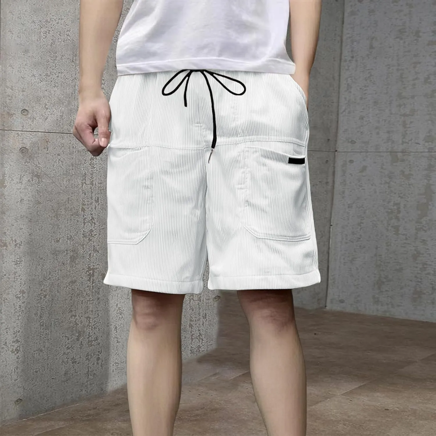 Men's Casual Shorts Cotton Texture Elastic Waist Drawstring Cargo Pants Fashion Summer Loose Shorts with Multi Pocket