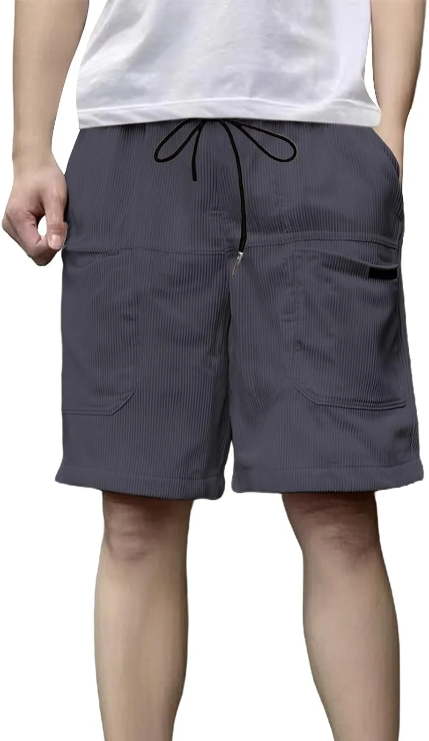 Men's Casual Shorts Cotton Texture Elastic Waist Drawstring Cargo Pants Fashion Summer Loose Shorts with Multi Pocket