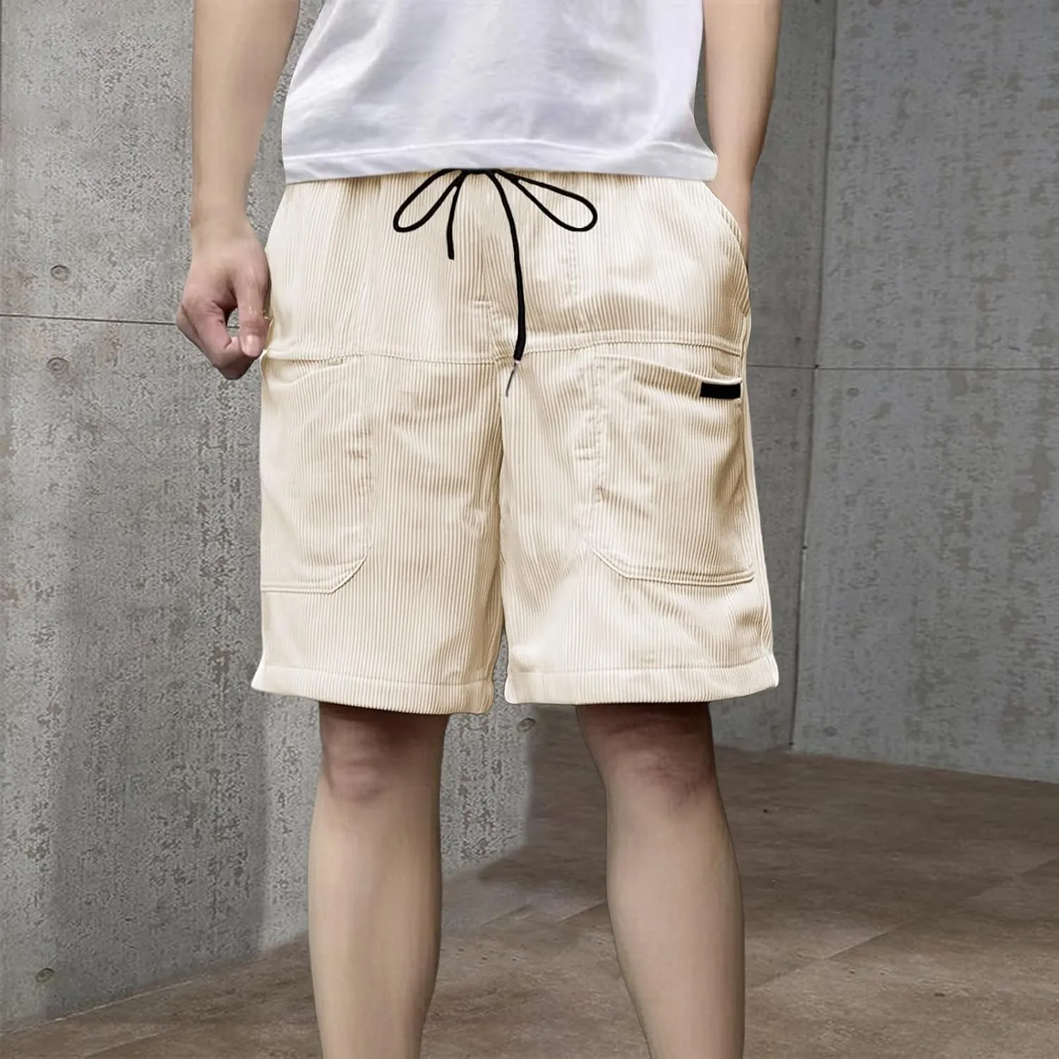 Men's Casual Shorts Cotton Texture Elastic Waist Drawstring Cargo Pants Fashion Summer Loose Shorts with Multi Pocket