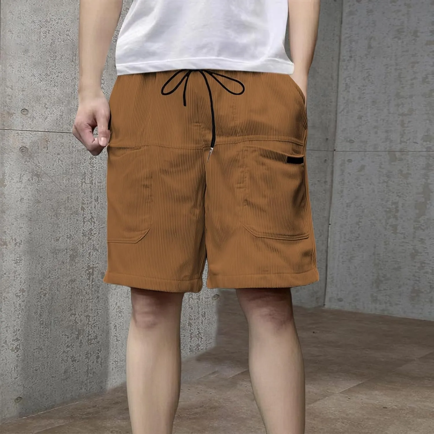 Men's Casual Shorts Cotton Texture Elastic Waist Drawstring Cargo Pants Fashion Summer Loose Shorts with Multi Pocket