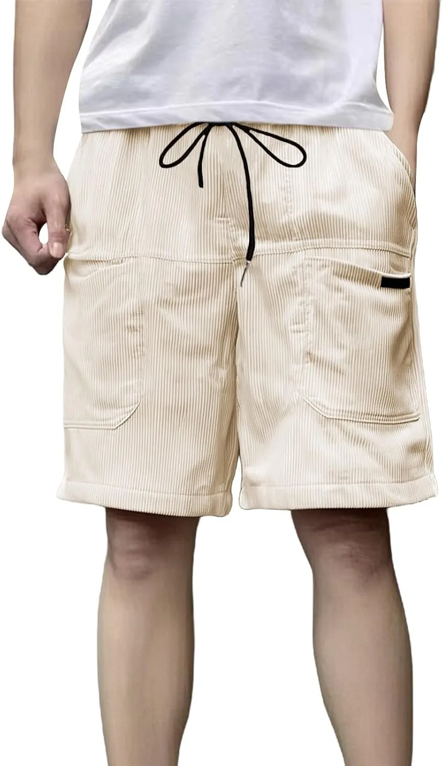 Men's Casual Shorts Cotton Texture Elastic Waist Drawstring Cargo Pants Fashion Summer Loose Shorts with Multi Pocket