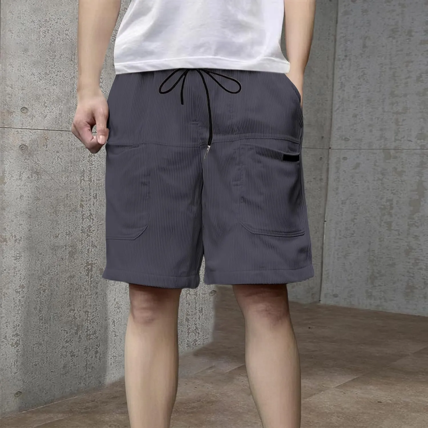 Men's Casual Shorts Cotton Texture Elastic Waist Drawstring Cargo Pants Fashion Summer Loose Shorts with Multi Pocket