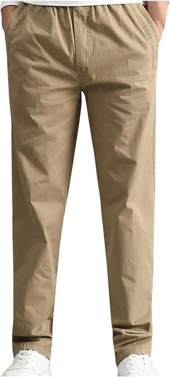 Men's Cotton Stretch Pant Casual Elastic Waist Cargo Hiking Pants Plus Size Slim Straight Legs Work with Pocket