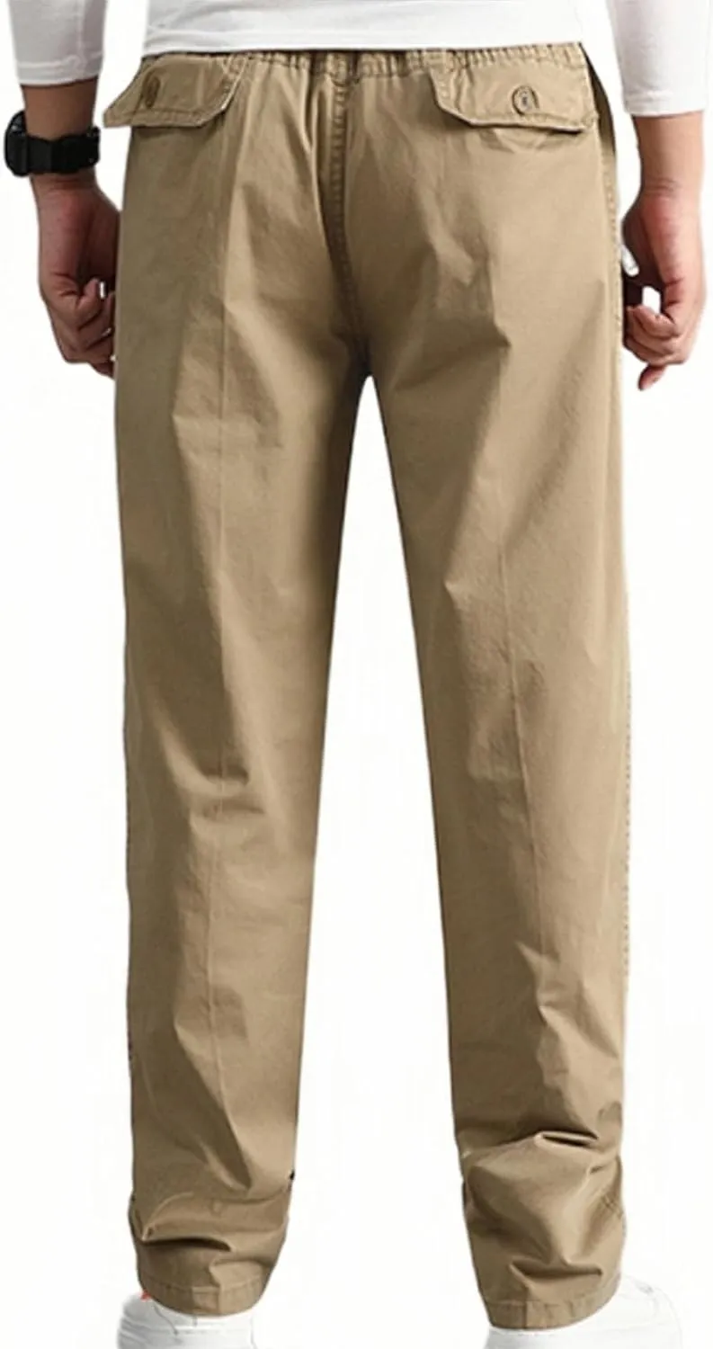 Men's Cotton Stretch Pant Casual Elastic Waist Cargo Hiking Pants Plus Size Slim Straight Legs Work with Pocket