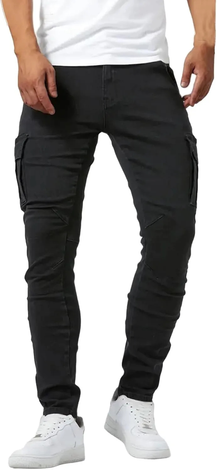 Men's Denim Jeans Mid Waist Stretch Jeans Skinny Distressed Pants Slim Fit Straight Leg Athletic Pants with Pockets