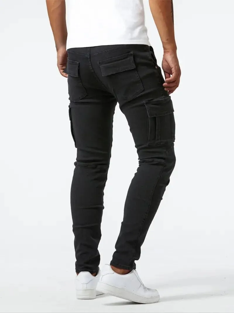Men's Denim Jeans Mid Waist Stretch Jeans Skinny Distressed Pants Slim Fit Straight Leg Athletic Pants with Pockets