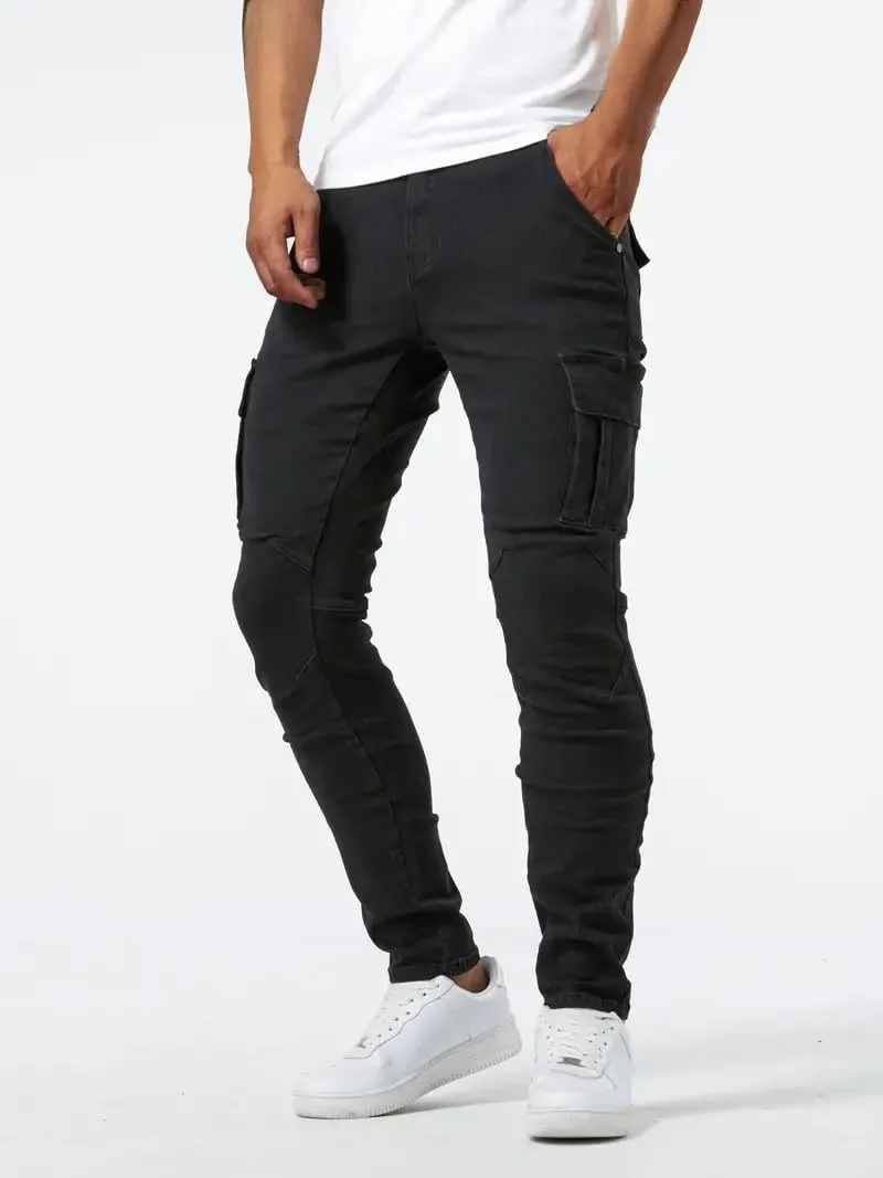 Men's Denim Jeans Mid Waist Stretch Jeans Skinny Distressed Pants Slim Fit Straight Leg Athletic Pants with Pockets