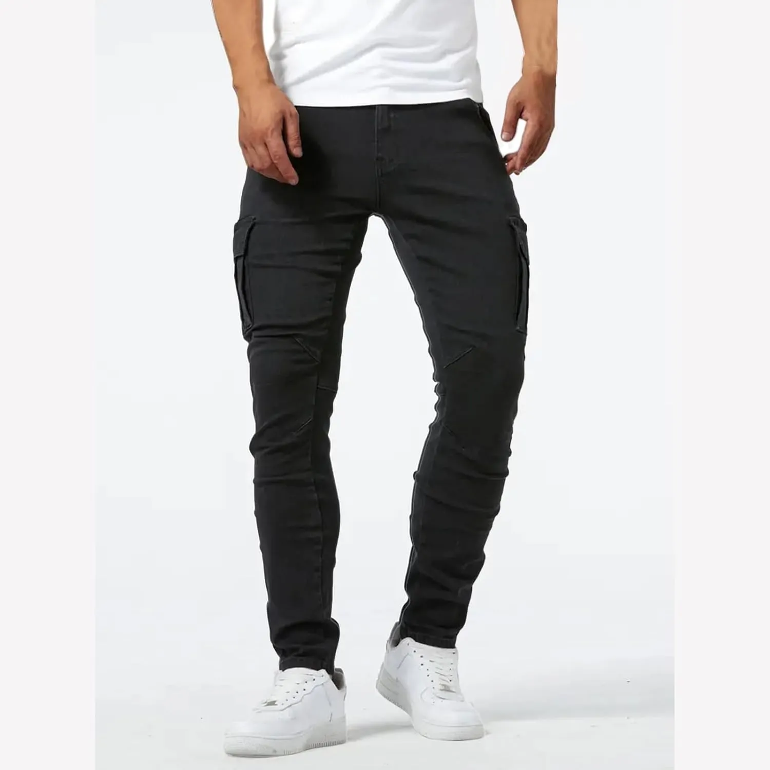 Men's Denim Jeans Mid Waist Stretch Jeans Skinny Distressed Pants Slim Fit Straight Leg Athletic Pants with Pockets