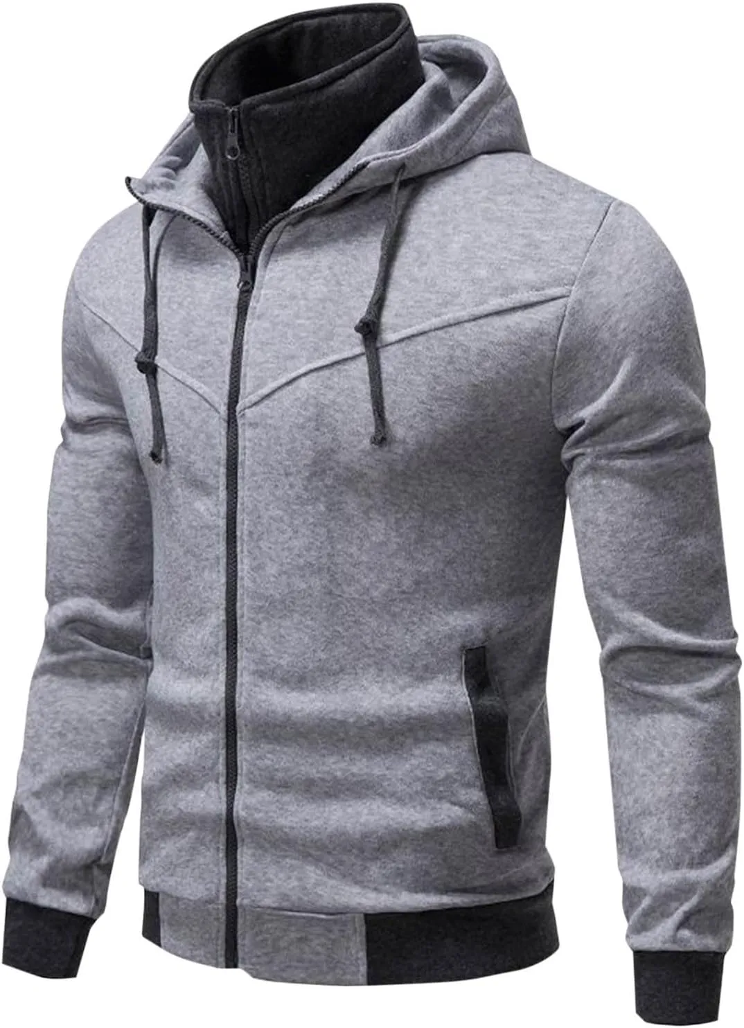 Men's Double Zipper Stand Collar Jacket Drawstring Long Sleeve Hooded Sweatshirt Fashion Casual Jacket with Pockets