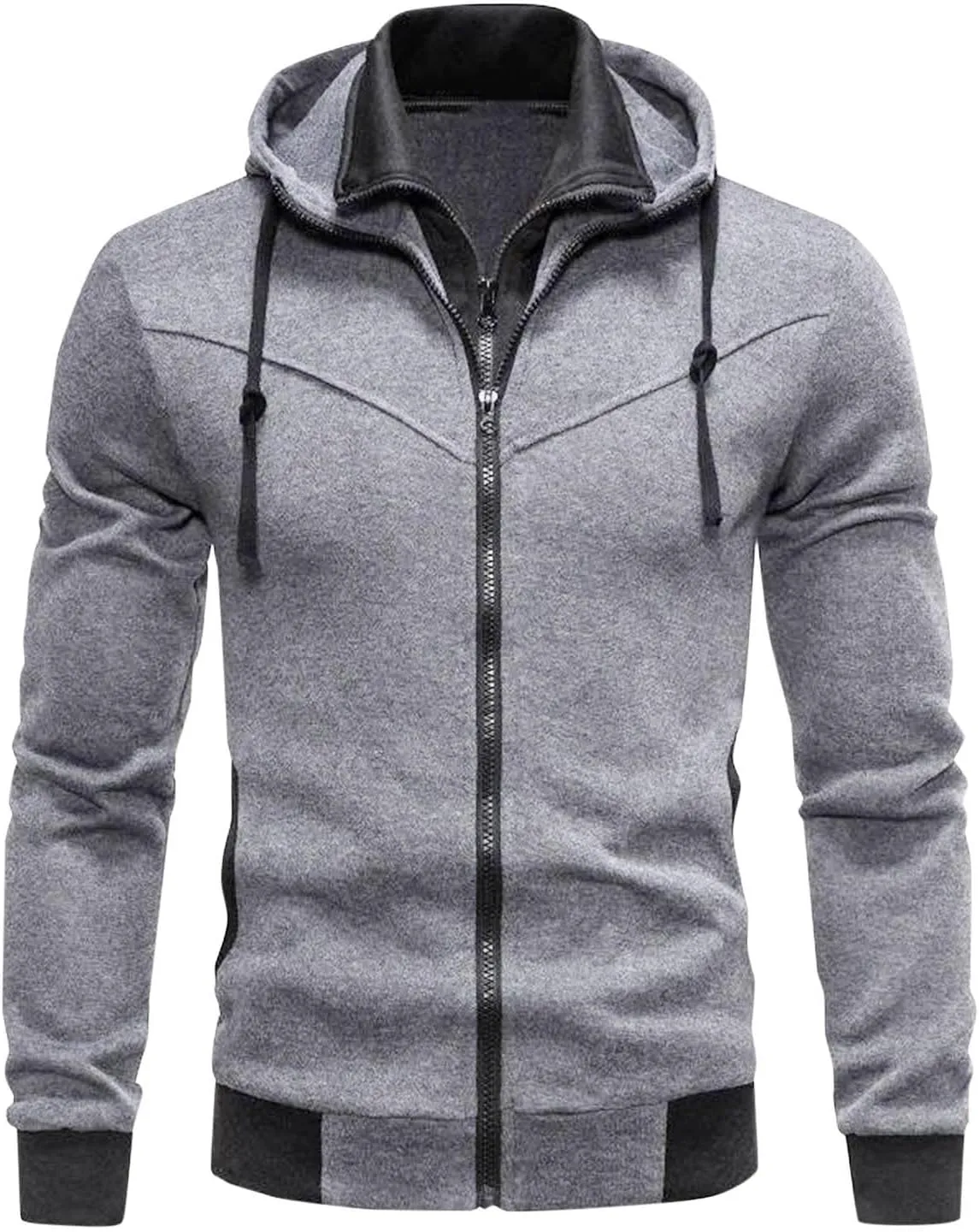 Men's Double Zipper Stand Collar Jacket Drawstring Long Sleeve Hooded Sweatshirt Fashion Casual Jacket with Pockets